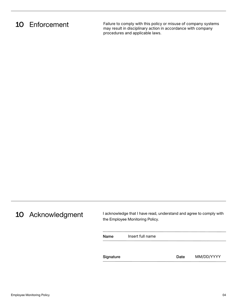 Employee Monitoring Policy outlining monitoring practices, privacy safeguards and employee acknowledgment