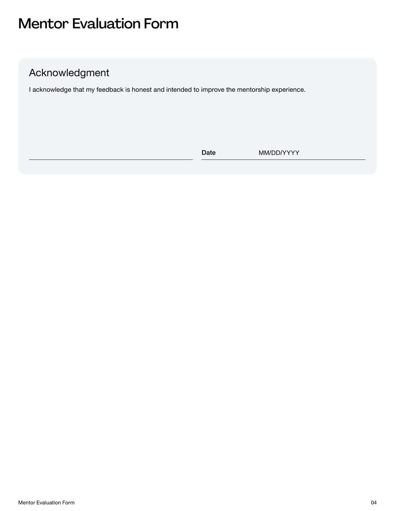 Mentor Evaluation Form for assessing a mentor’s effectiveness, guidance, and support in a professional setting