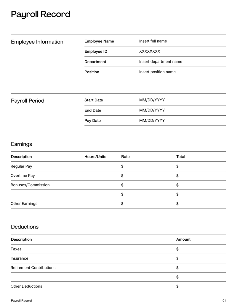 Payroll Record Template with tables for employee details, payroll period, earnings, deductions and net pay