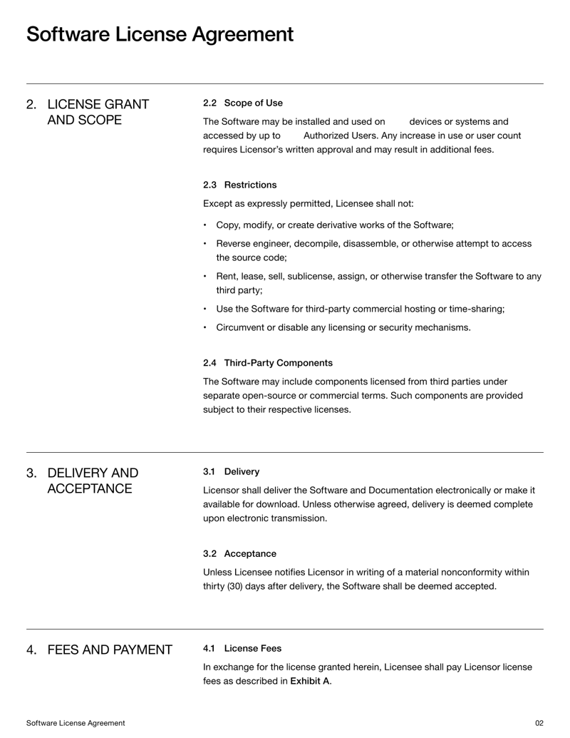 Software License Agreement for setting software usage rights between licensor and licensee