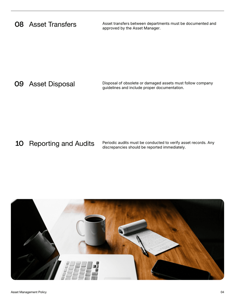 Asset Management Policy Template detailing tracking, tagging, transfers and disposal procedures