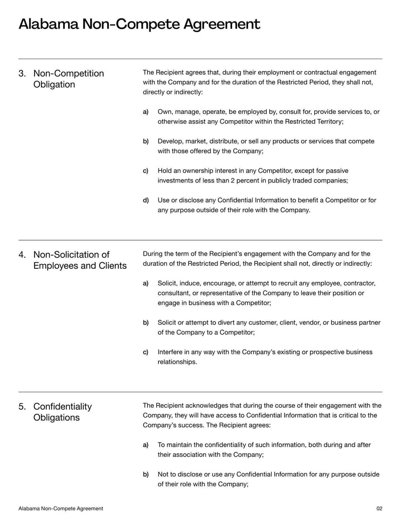 Non-Compete Agreement Alabama for specifying employment restrictions on competitive work within the state’s legal limits