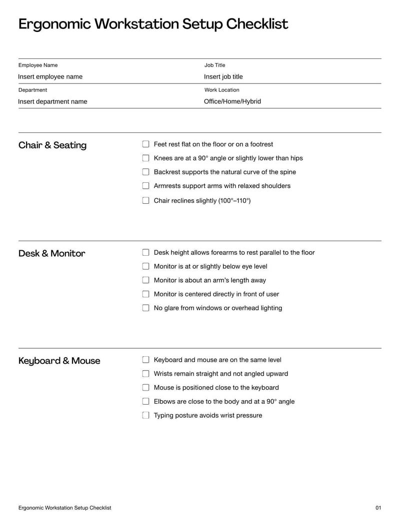 Ergonomic Workstation Setup Checklist used to ensure a comfortable and safe workspace that supports good posture and reduces strain or injury risks.