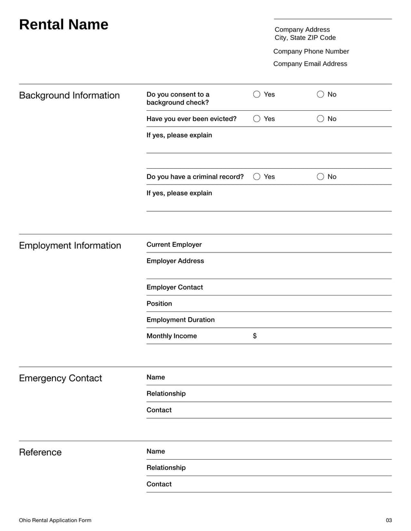 Rental Application Form Ohio for applying to lease residential property in Ohio