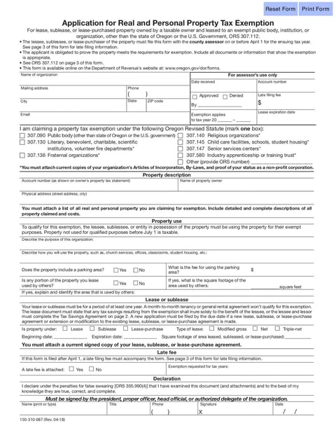 Application for Real and Personal Property Tax Exemption (Form OR 