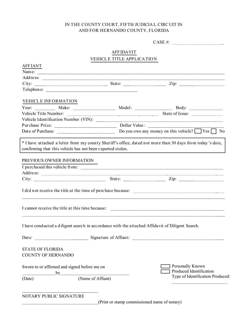 Large thumbnail of Hernando County Affidavit Vehicle Title Application