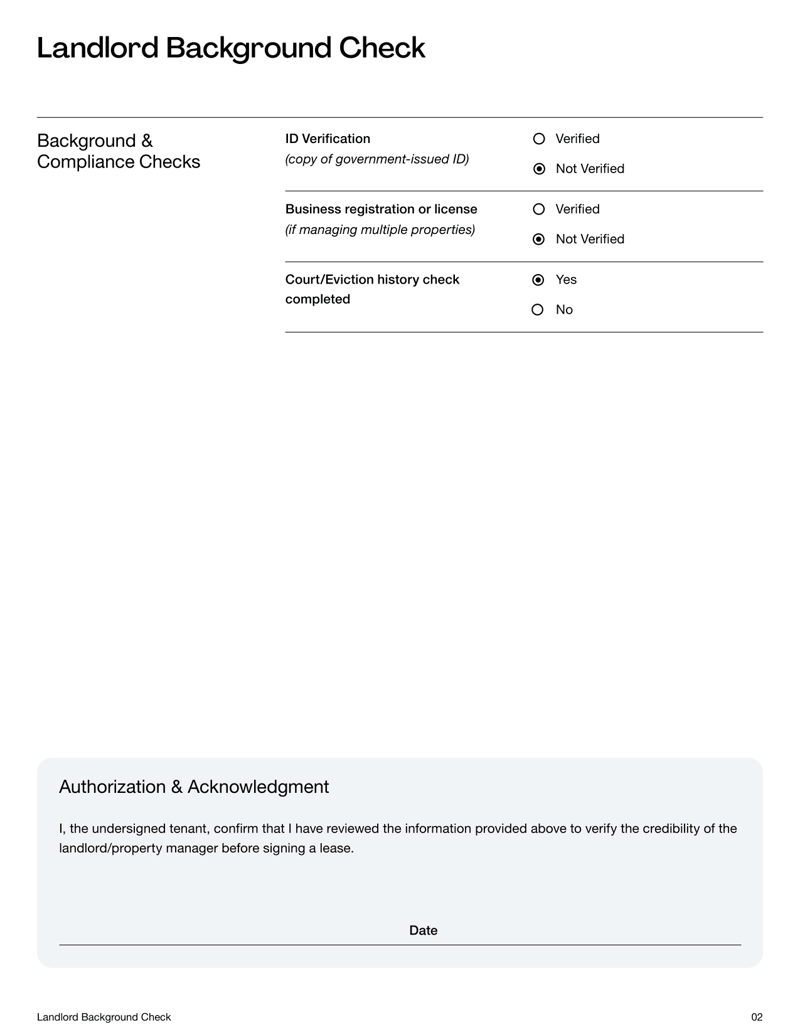 Landlord Background Check Form with sections for tenant details, landlord information and verification requests