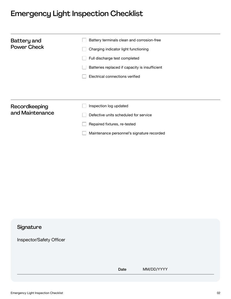 Emergency Light Inspection Checklist form with items for visual checks, function tests, battery verification and recordkeeping