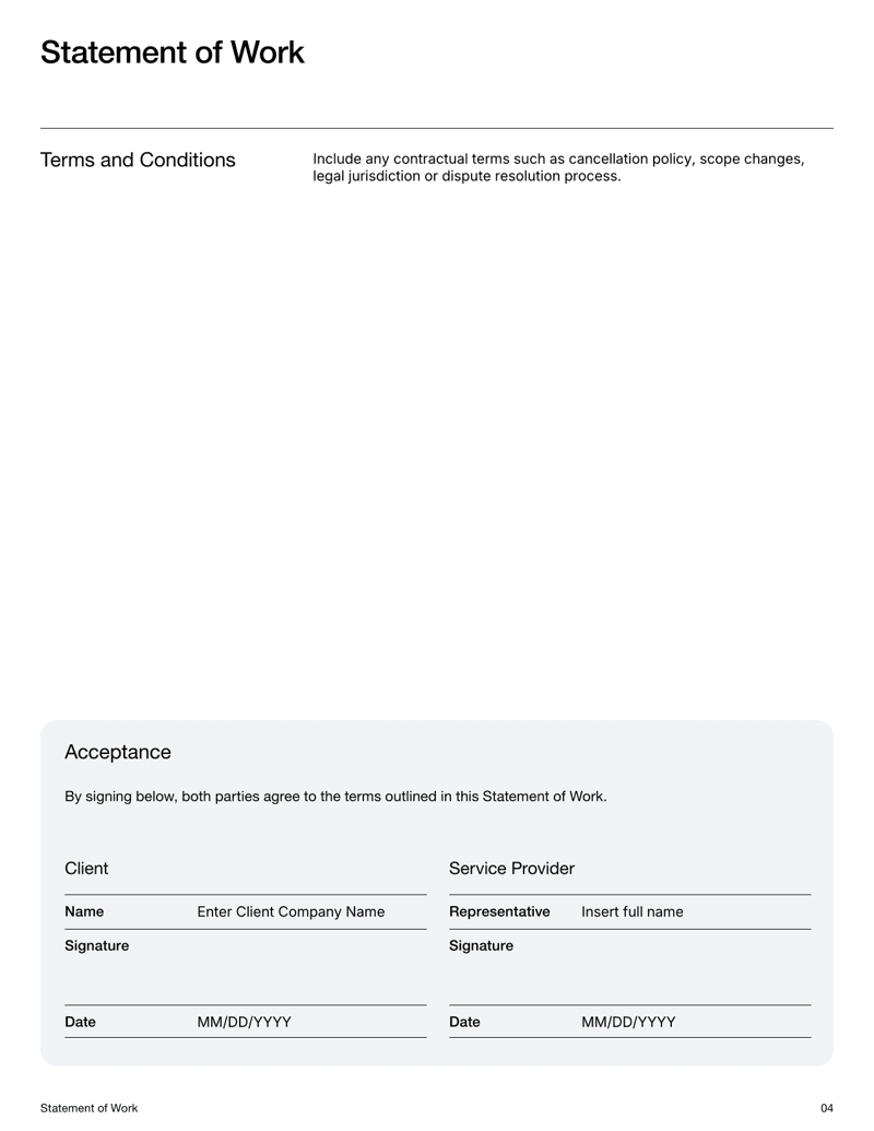 Statement of Work Template for outlining project scope, deliverables and terms