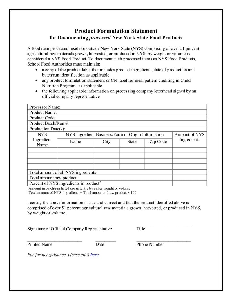 Large thumbnail of Product Formulation Statement for Documenting Processed New York State Food Products - Dec 2018