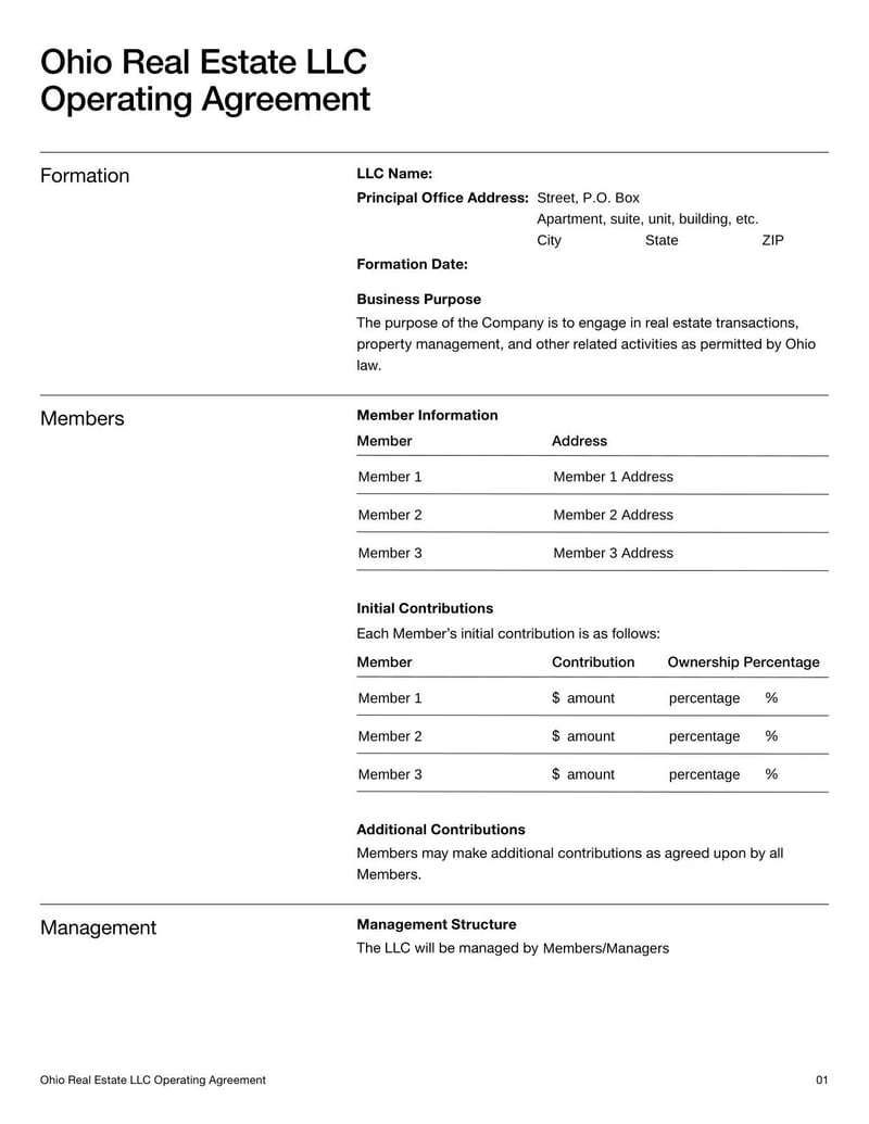 Ohio Real Estate LLC Operating Agreement detailing operations for an Ohio LLC focused on real estate