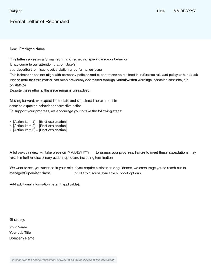 Letter of Reprimand Template for formally addressing employee misconduct or performance issues