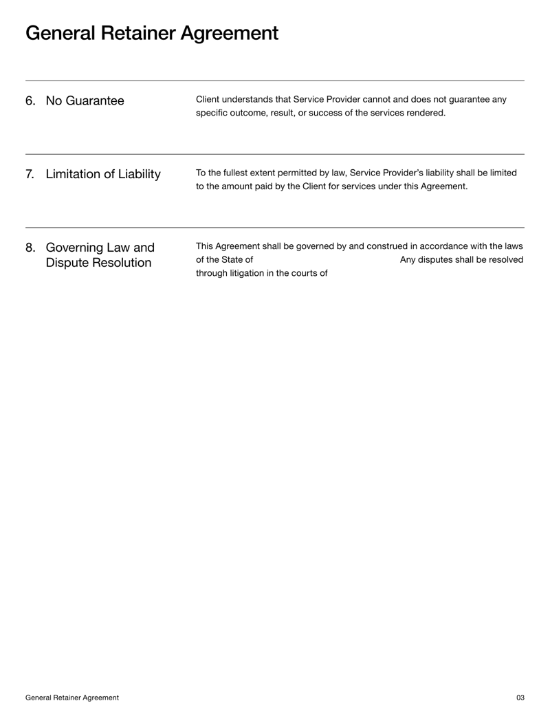 Retainer Agreement Template for outlining service terms, payment structure and legal obligations