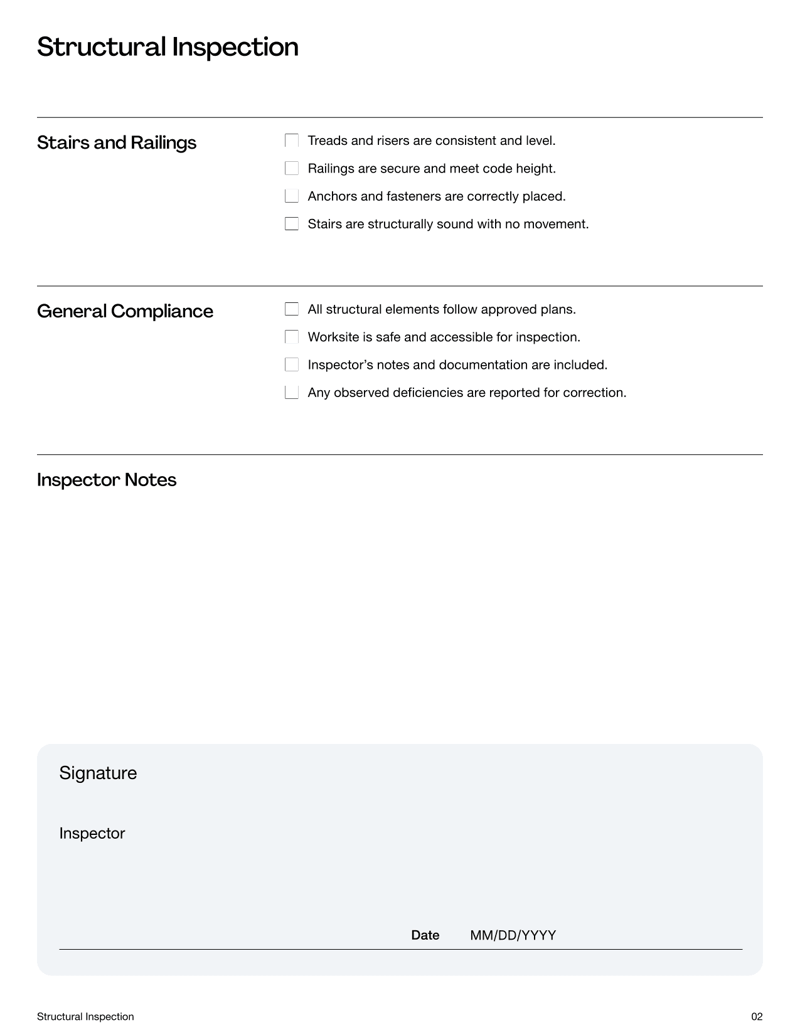 Structural Inspection Checklist for reviewing foundations, walls, beams and structural framing