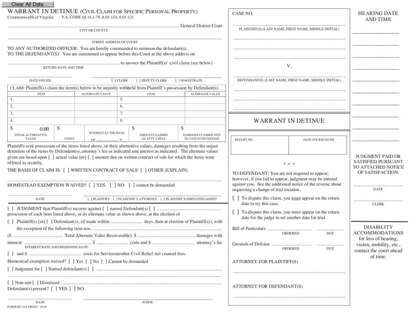 Large thumbnail of Virginia District Court Civil Subpoena Form DC-414 - Dec 2018