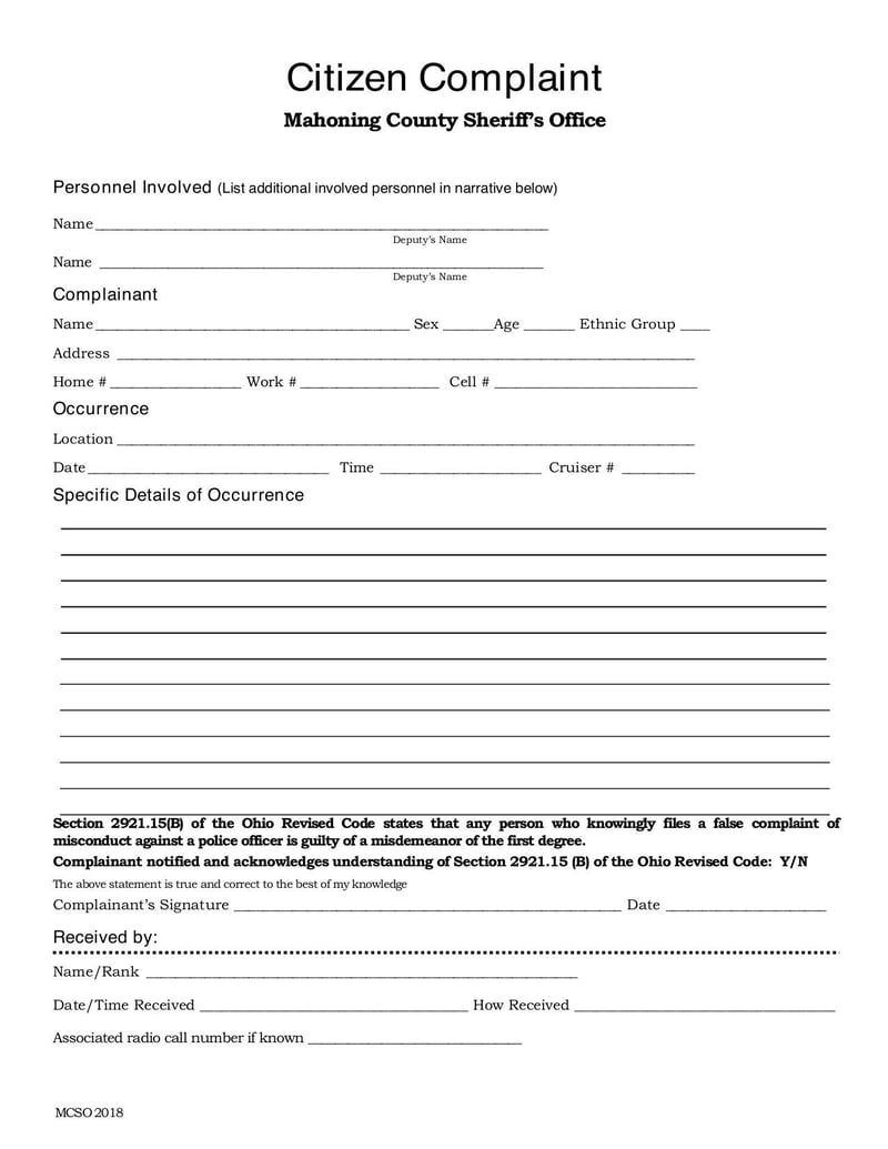 Large thumbnail of Citizen Complaint Form MCSO - May 2020
