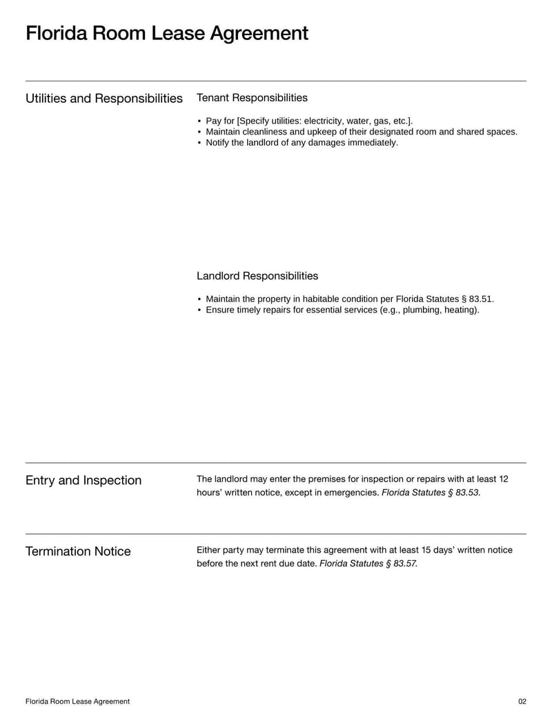Florida Room Lease Agreement for specifying rental terms, tenant responsibilities, and use of a room within a residential property in Florida