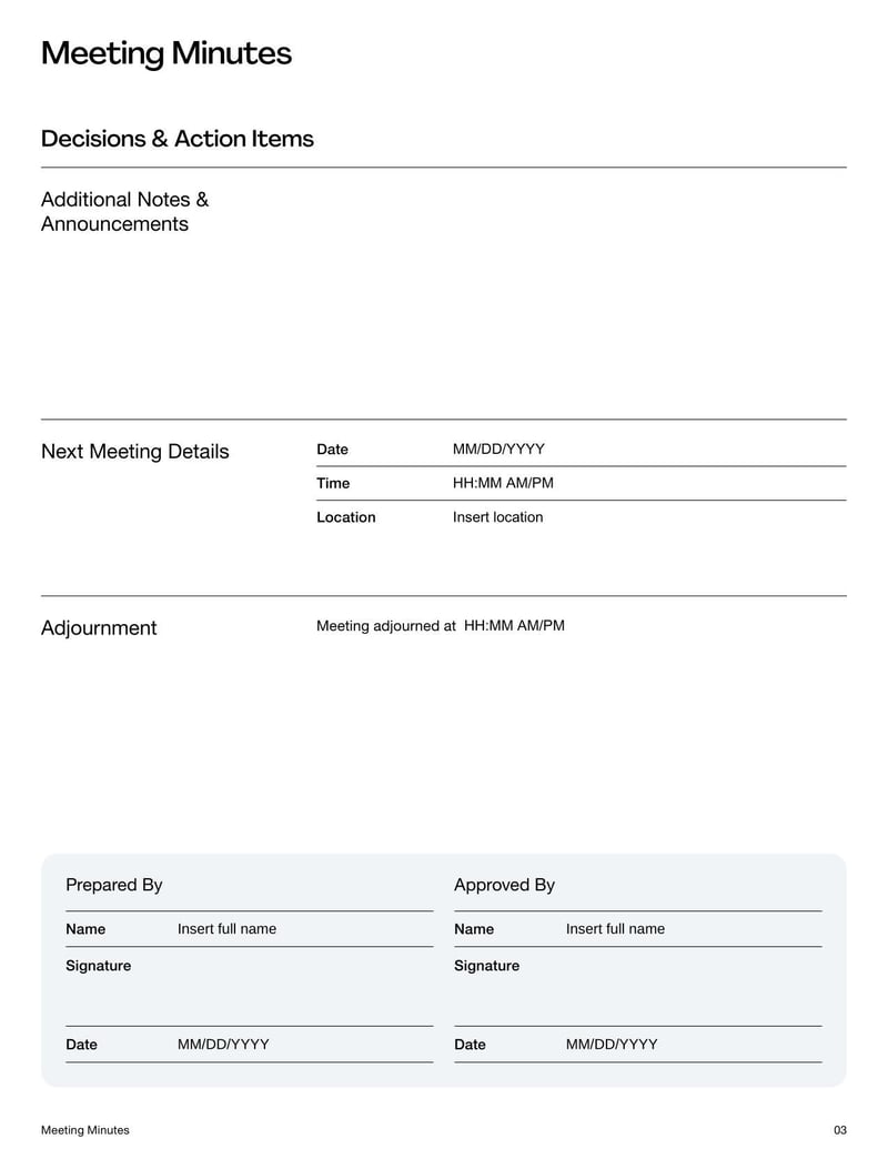 Meeting Minutes Template for recording discussions, decisions, and action items from meetings 