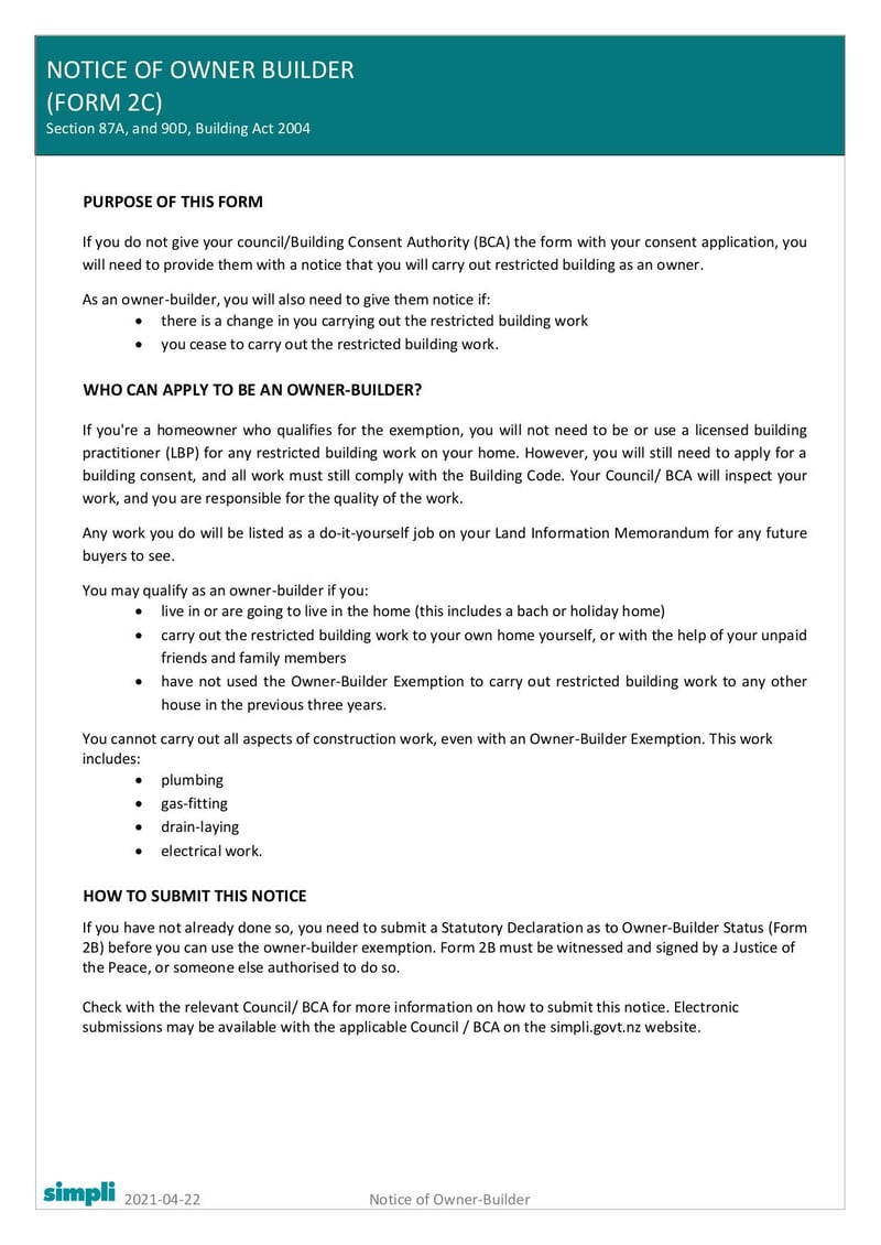 Large thumbnail of Form 2C Notice of Owner Builder - Apr 2021