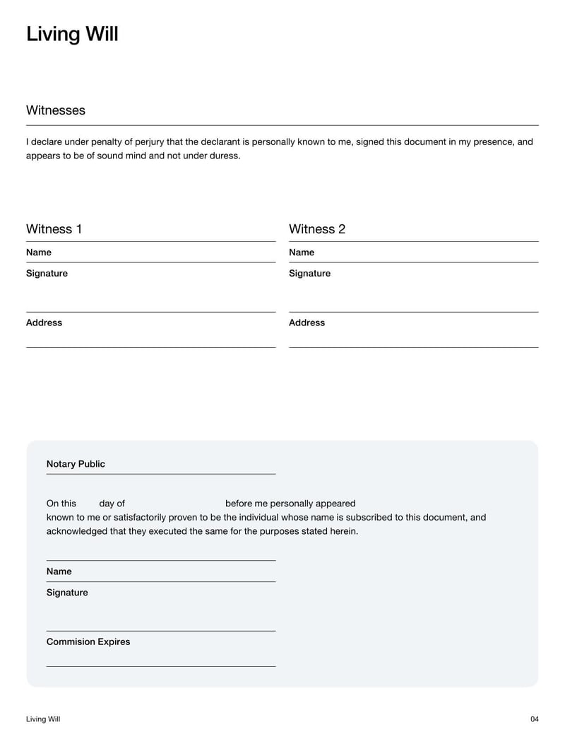 Living Will for stating healthcare preferences in end-of-life situations