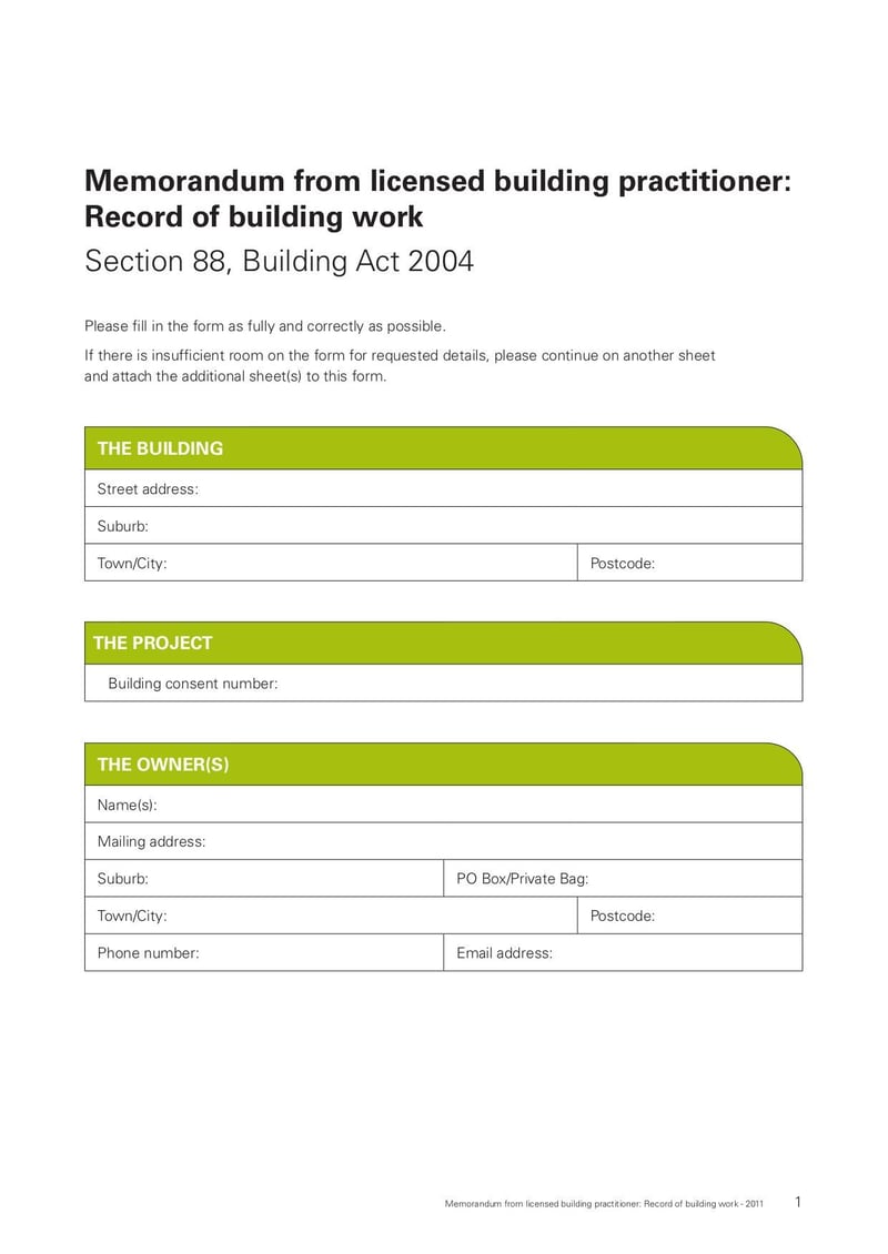 Large thumbnail of Memorandum from Licensed Building Practitioner: Record of Building Work Form - Jun 2012