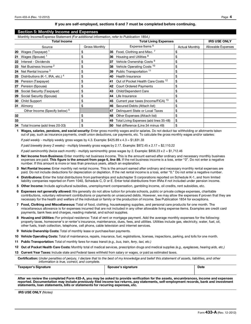 Large thumbnail of Form 433-A - Dec 2011