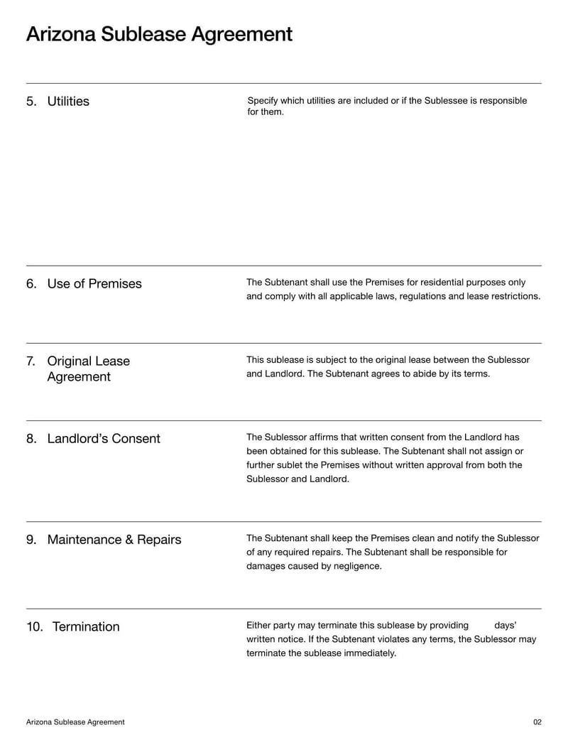 Arizona Sublease Agreement outlining terms for a tenant to sublet the rental property to another party