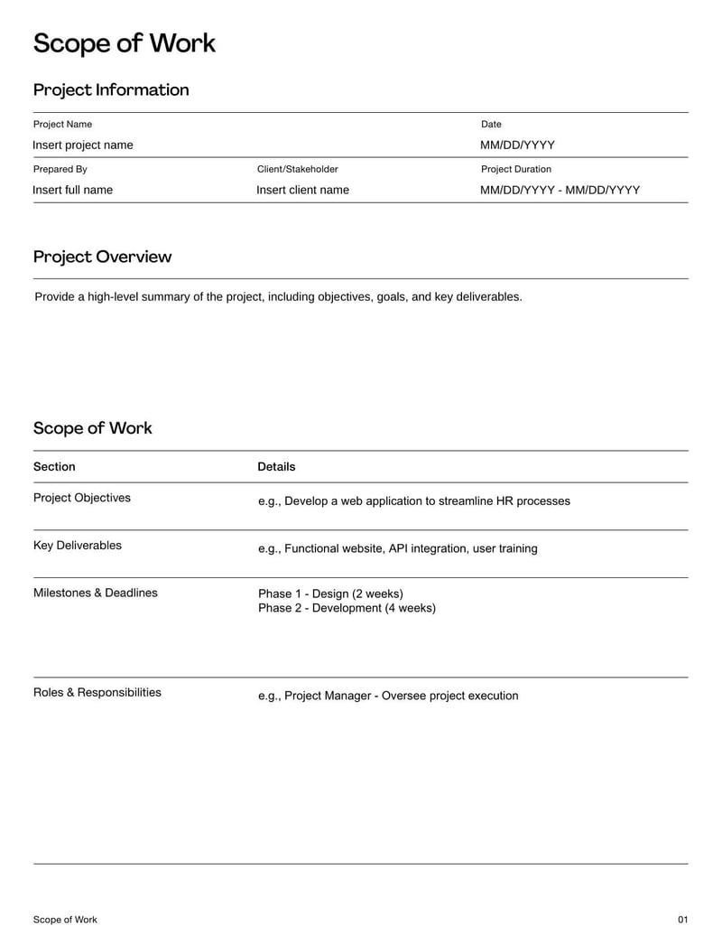 General Scope of Work Template for defining project tasks, deliverables, and responsibilities