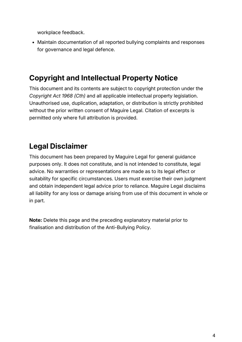 Anti-Bullying Policy for Australian workplaces addressing bullying, complaint procedures, compliance and employee protections