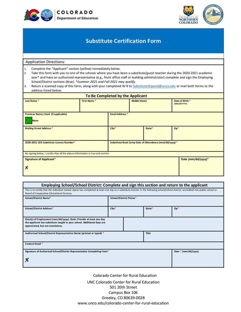 Large thumbnail of Substitute Certification Form - Feb 2021