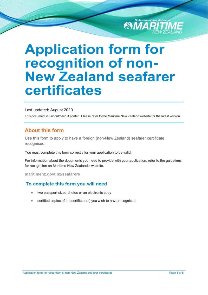 Large thumbnail of Application Form for Recognition of Non-New Zealand Seafarer Certificates - Aug 2020