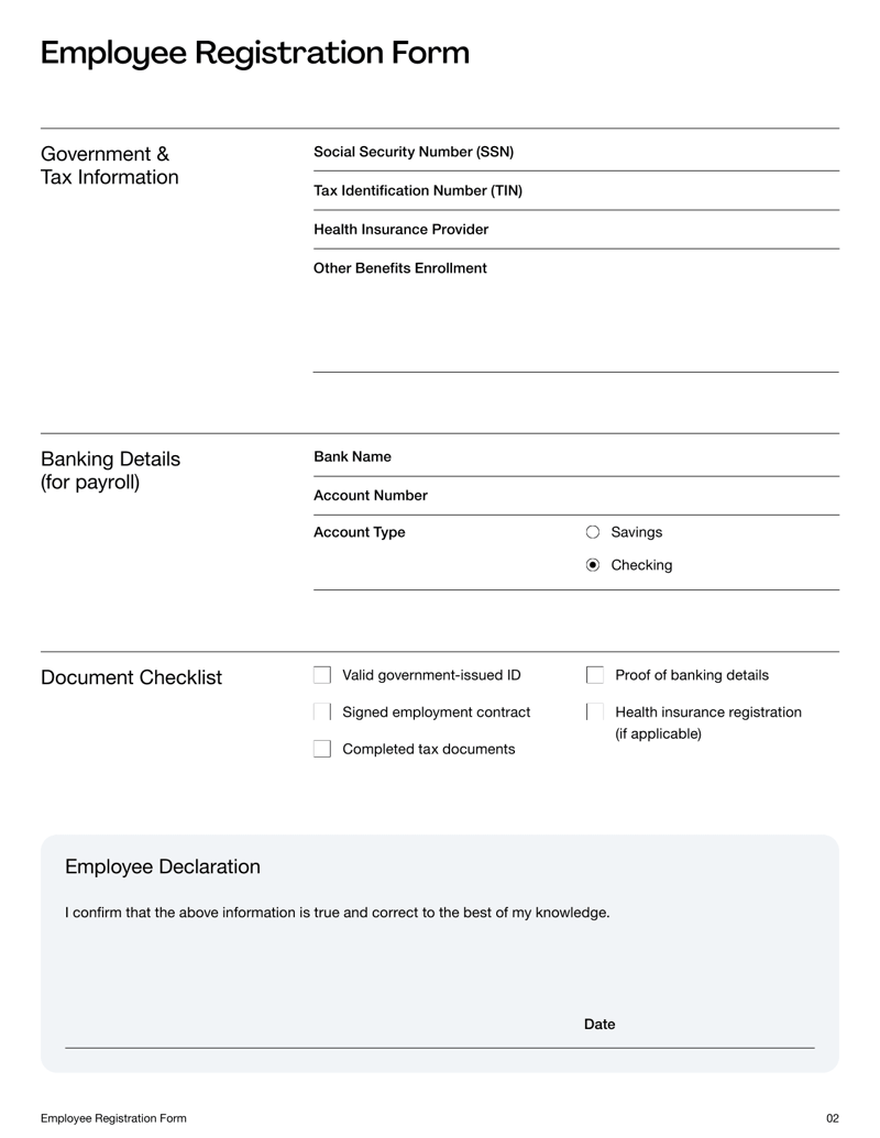 Employee Registration Form used to collect onboarding information for HR and payroll setup