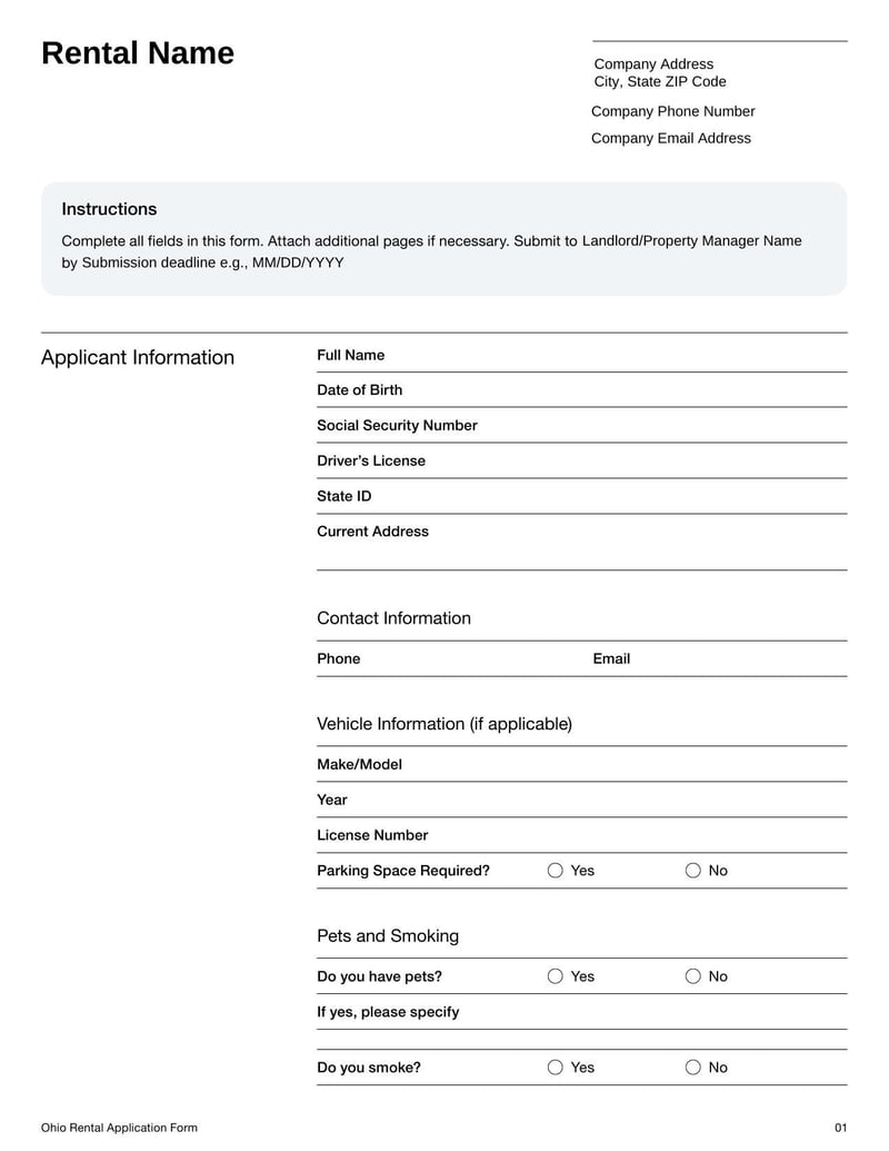 Rental Application Form Ohio for applying to lease residential property in Ohio