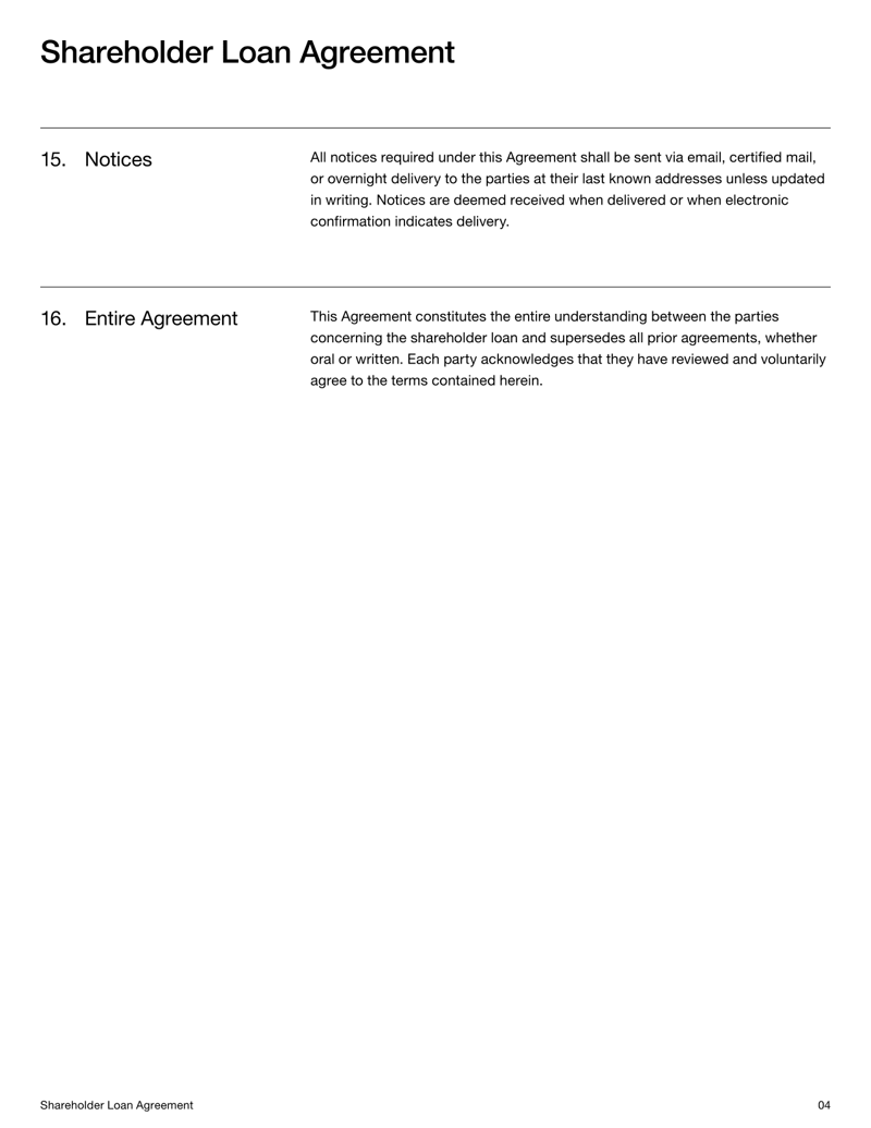 Shareholder Loan Agreement setting out loan terms, repayment conditions, interest, and obligations between a company and its shareholder under US law