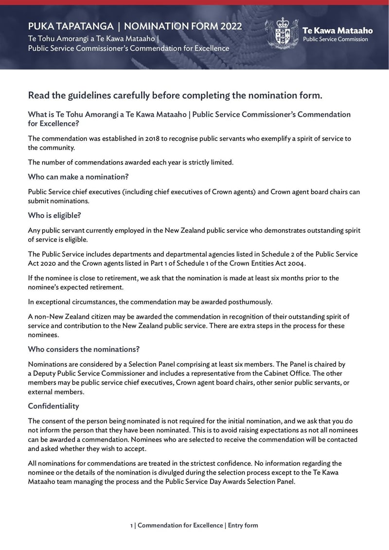 Thumbnail of Public Service Commissioners Commendation for Excellence Nomination Form and Guidelines - Jan 2022 - page 0