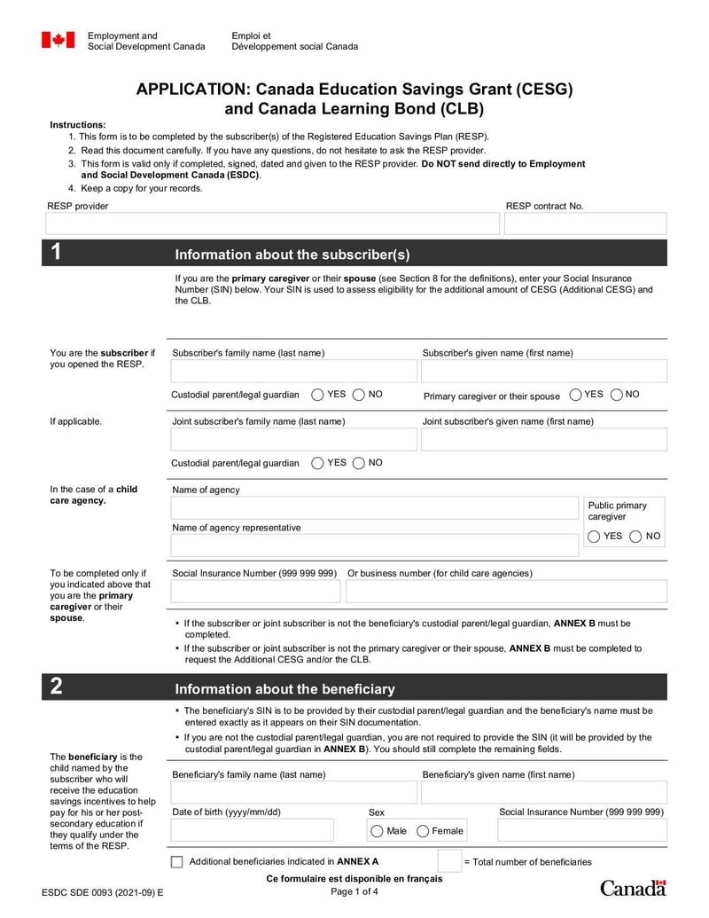 Large thumbnail of Form Application: Canada Education Savings Grant (CESG) and Canada Learning Bond (CLB) - Sep 2021