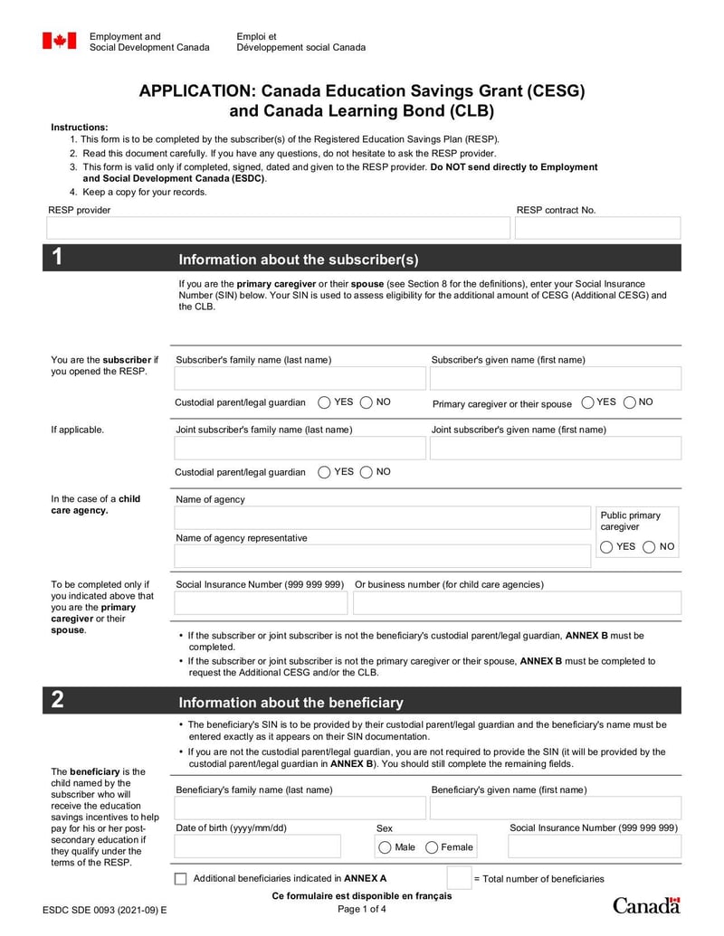 Form Application: Canada Education Savings Grant (CESG) and Canada 