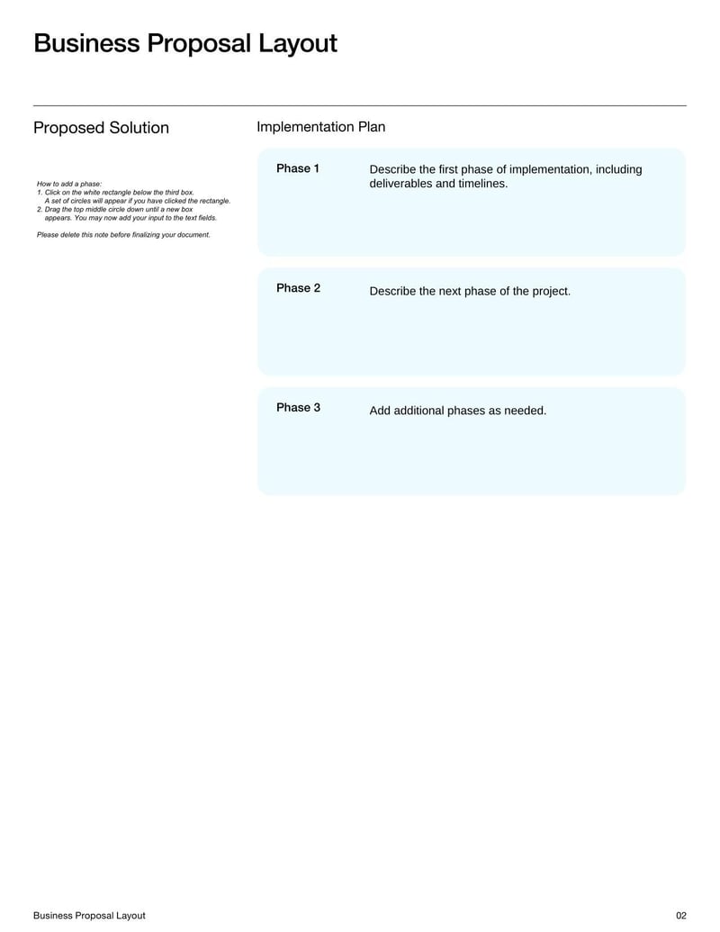 Business Proposal Layout for structuring a proposal to present to stakeholders or clients