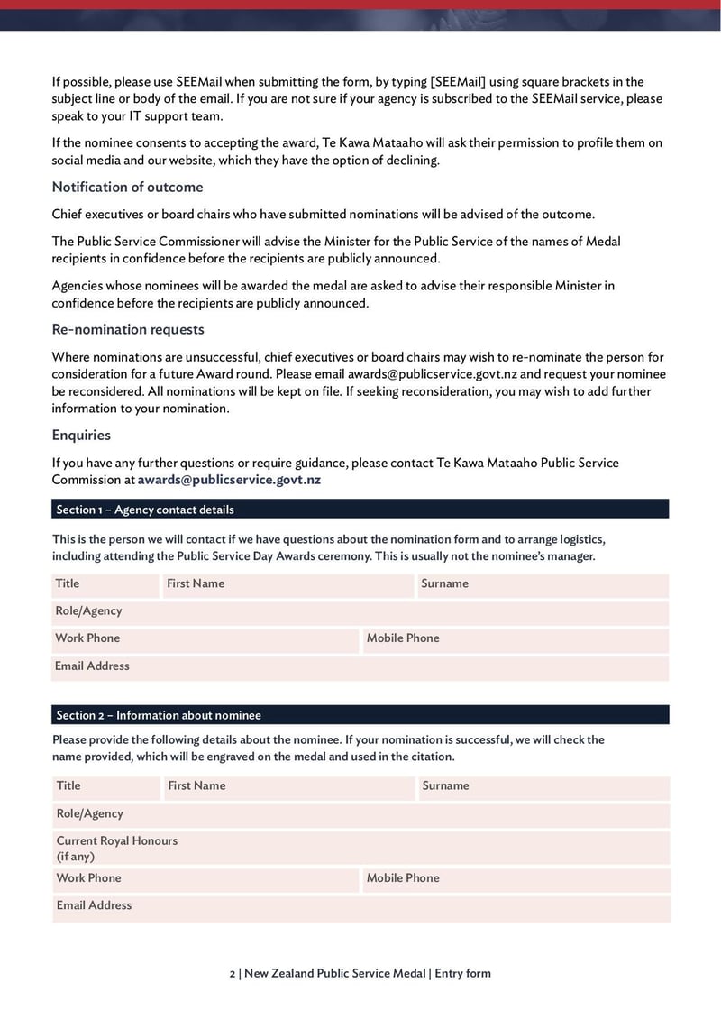 Large thumbnail of New Zealand Public Service Medal Nomination Form and Guidelines - Mar 2022