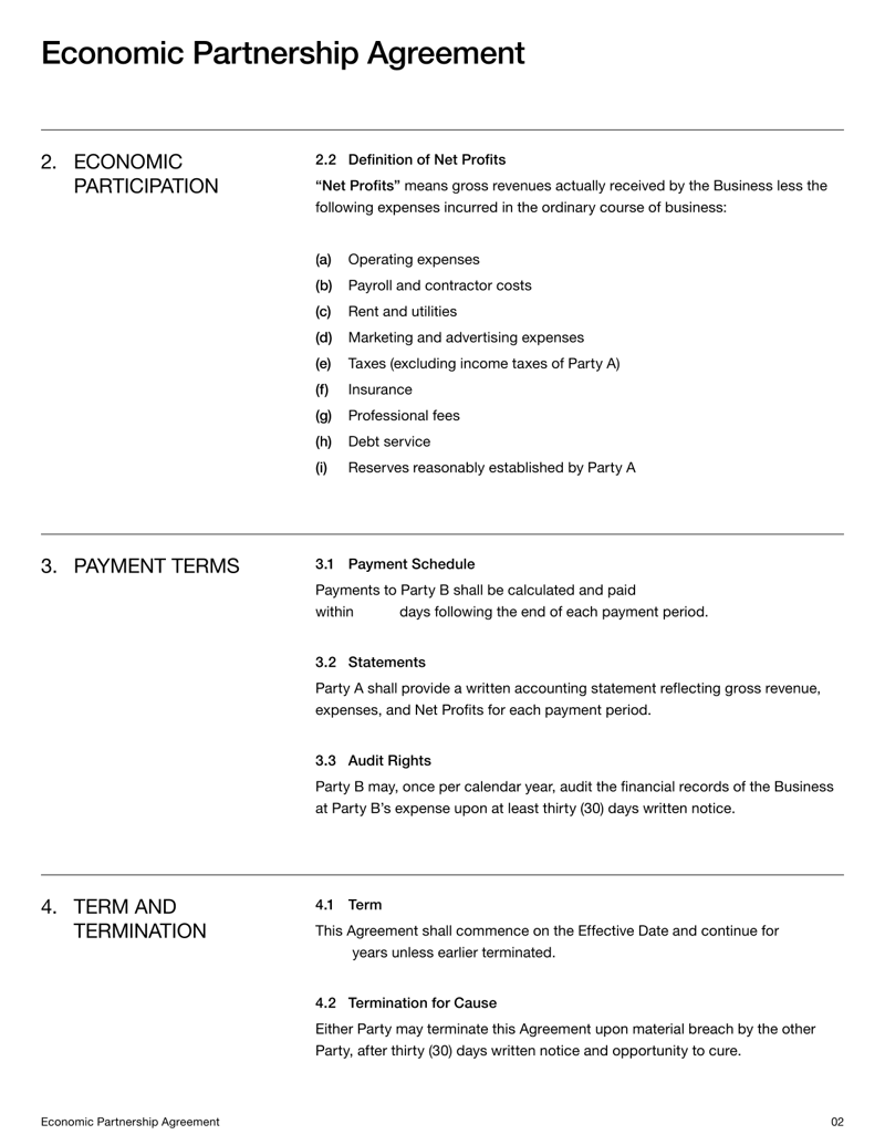 Economic Partnership Agreement defining profit participation rights without ownership, equity or management control