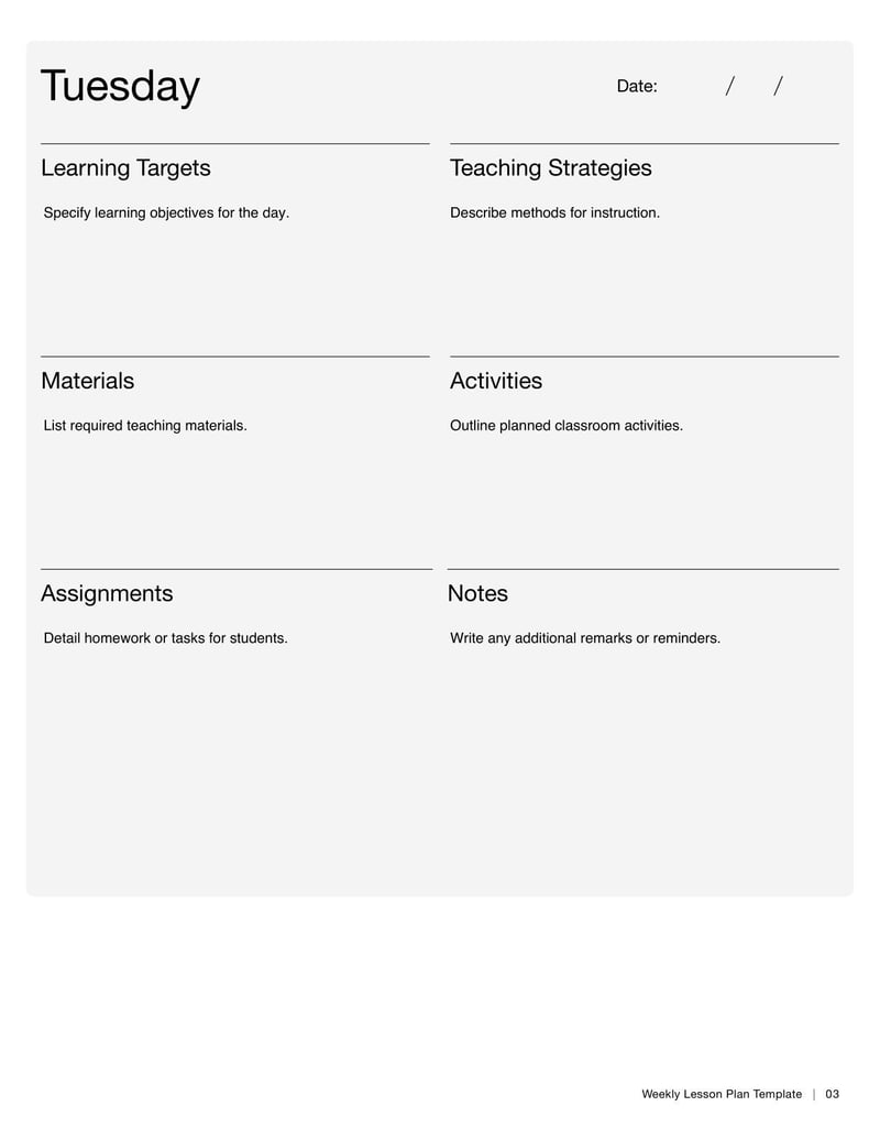 Weekly Lesson Plan Template for organizing weekly instructional activities and objectives
