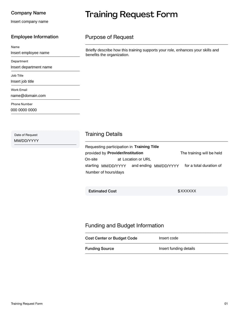 Training Request Form for employees to formally request participation in a training or development program