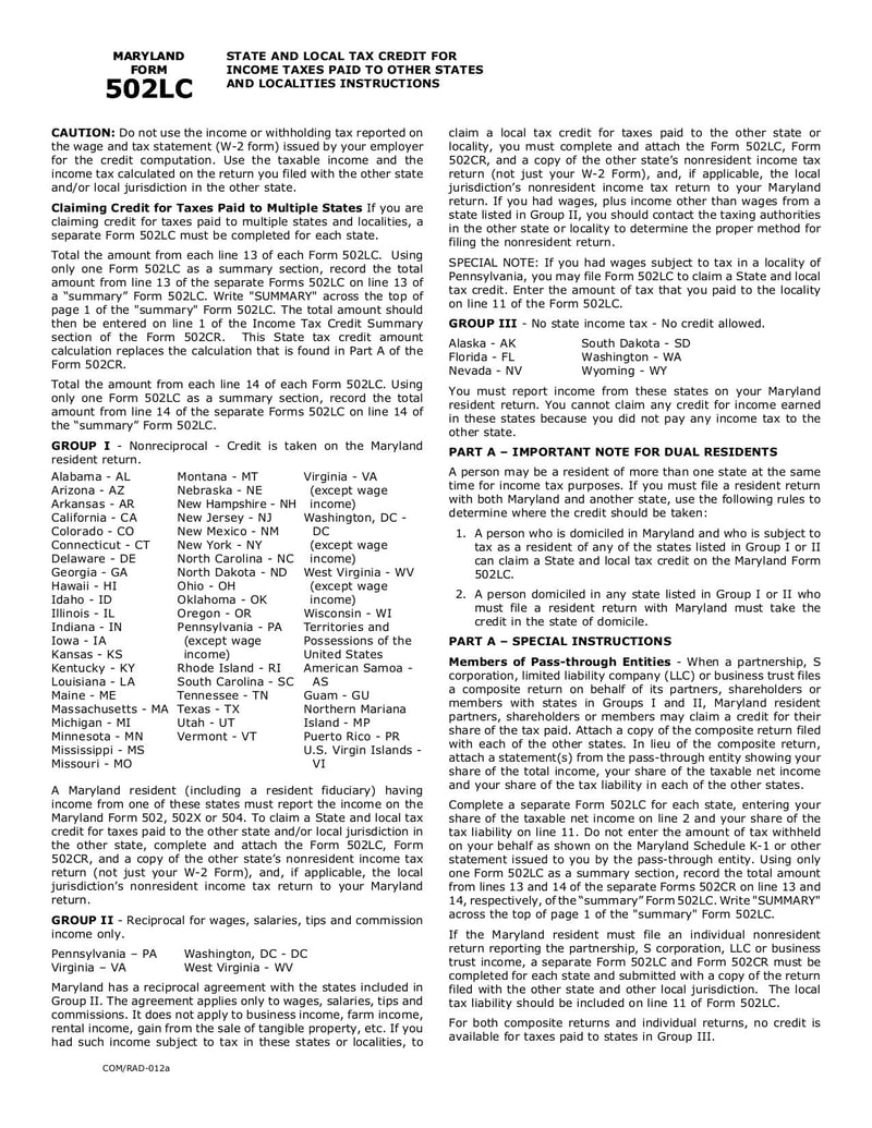 Large thumbnail of Maryland Form 502LC - Jul 2015