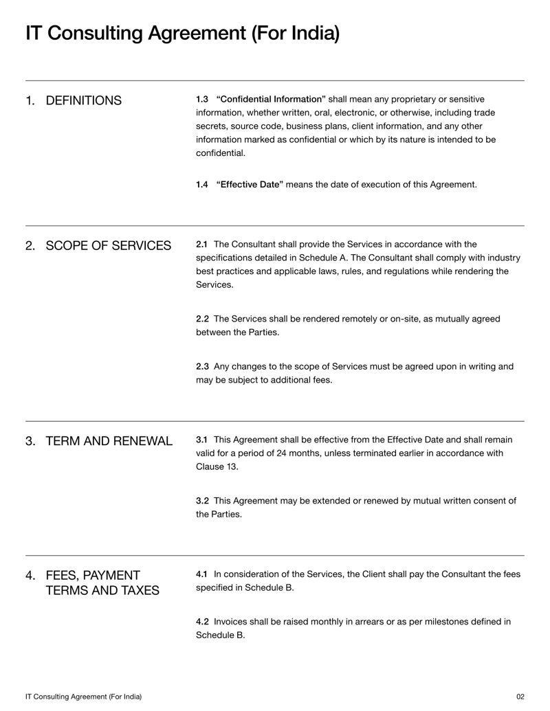 IT Consulting Services Agreement (India) outlining legal terms for IT services, data protection, and payment obligations.