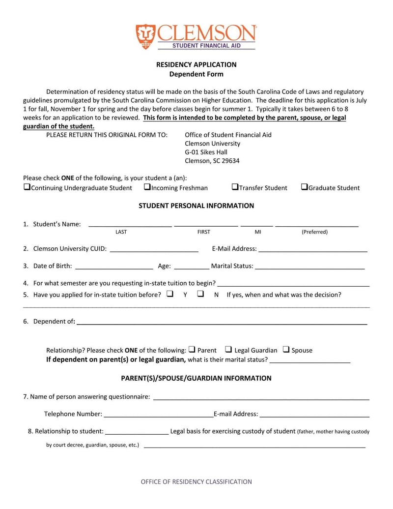 Large thumbnail of Clemson University Residency Application Dependent Form