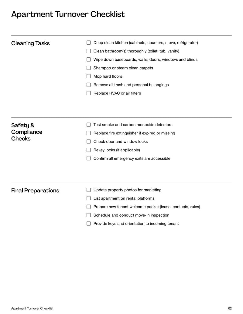 Apartment Turnover Checklist for guiding landlords through the process of preparing a unit for new tenants