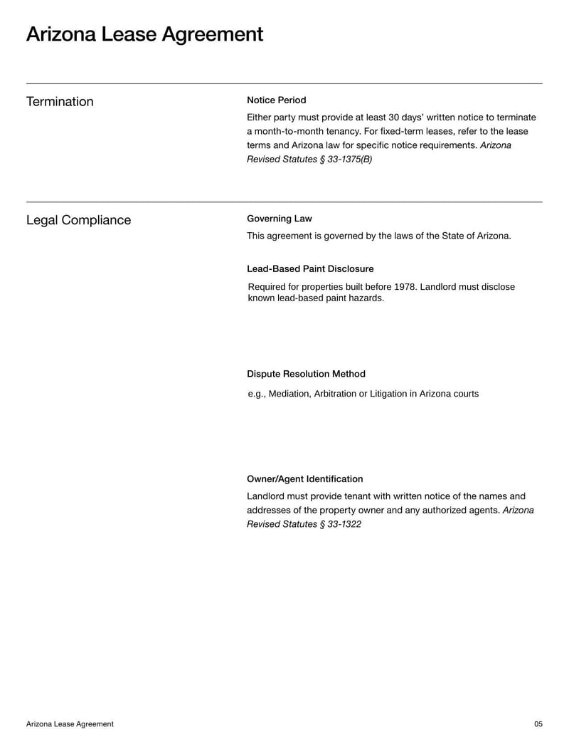 Arizona Lease Agreement for rental terms in Arizona