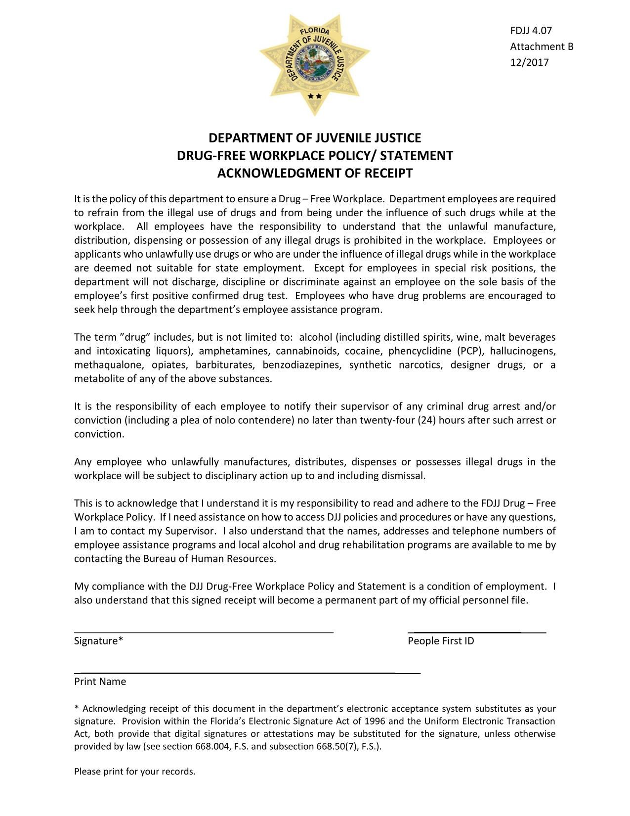 Florida Drug-Free Workplace Policy/Statement Acknowledgment of