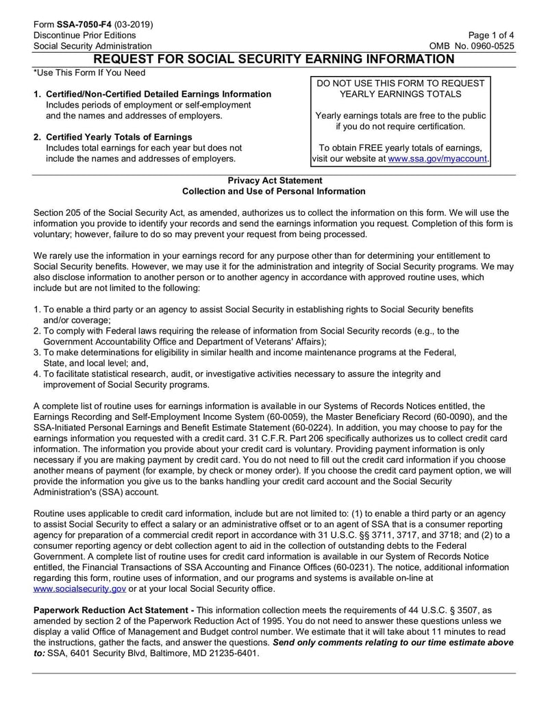 Large thumbnail of Request for Social Security Earnings Information (Form SSA-7050-F4) - Mar 2019