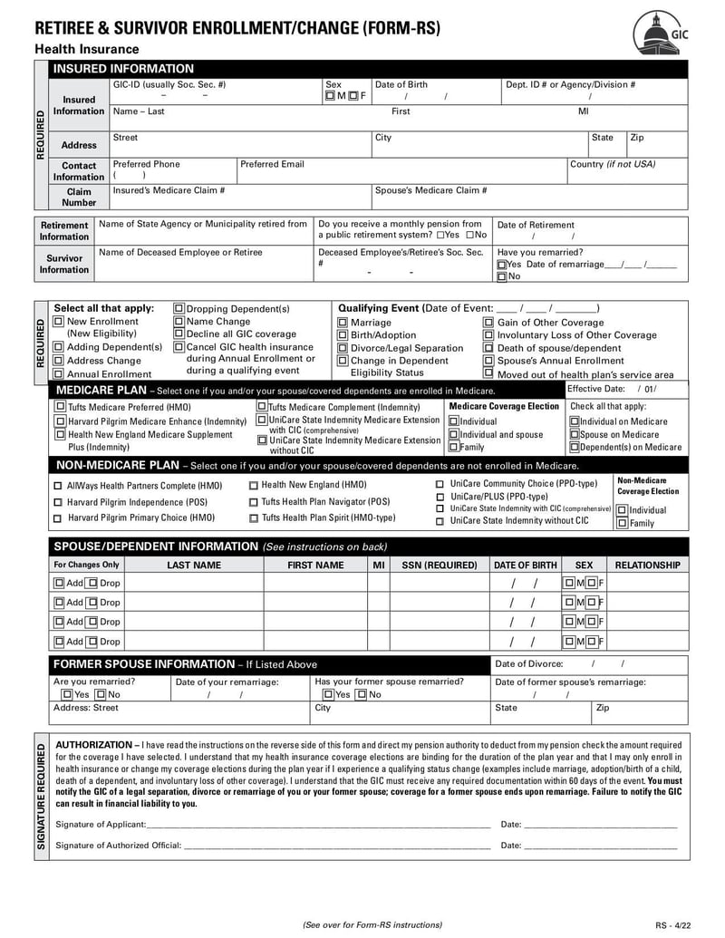 Large thumbnail of Retiree & Survivor Enrollment/Change Form (RS) - Mar 2022